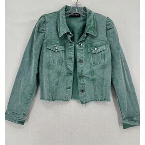 Retrofete Womens Rissa Green Denim Puff Sleeve Cropped Jean Jacket Sz L